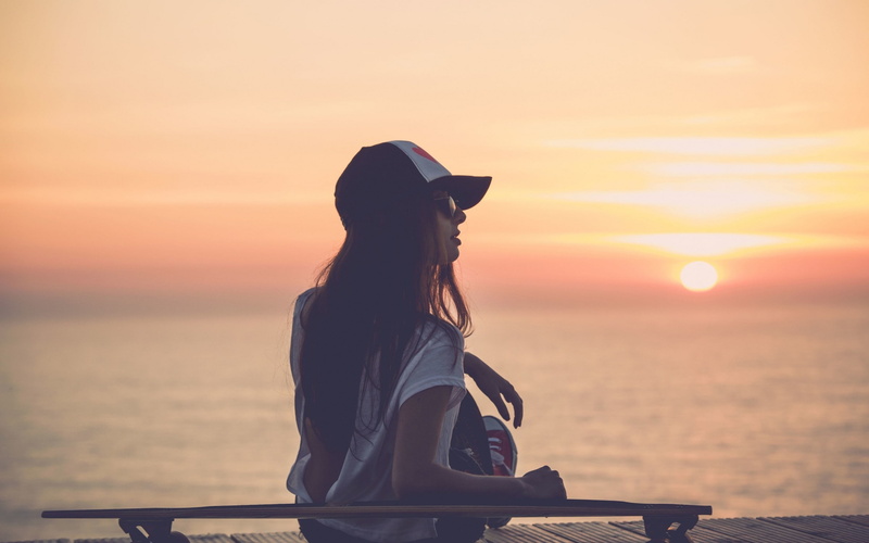 women, longboard, sunset, 2K, brunette