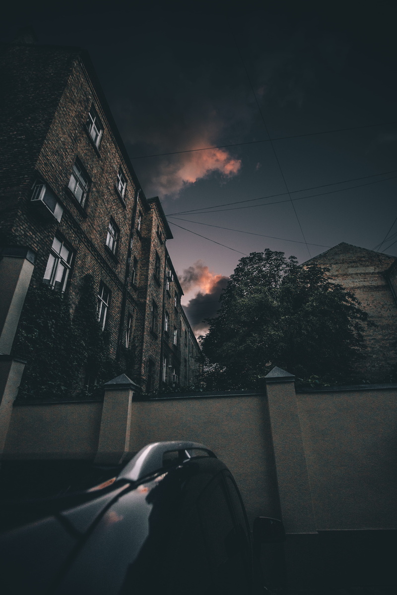 built Structure, sony, chill, wide, night, cold, evening, cloud, car, cityscape, fade, looking up, moody, sky, 5K, street, sunset, city, travel, dark