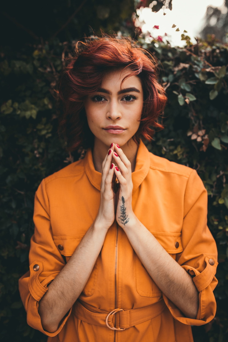 casual clothing, real people, front view, female, redhead, outdoors, woman, coat, looking at camera, outdoor, 1080P, bokeh, one person, cute, stunning