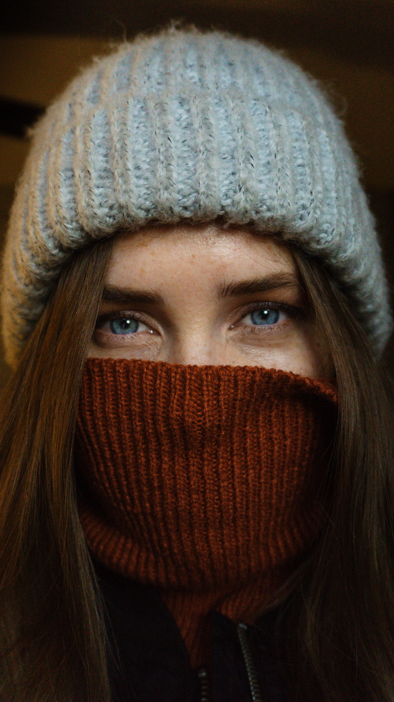 body part, scarf, winter clothing, winter, gray beanie, indoors, winter portrait, looking at camera, 5K, beautiful eye, headshot, portrait, warm clothing