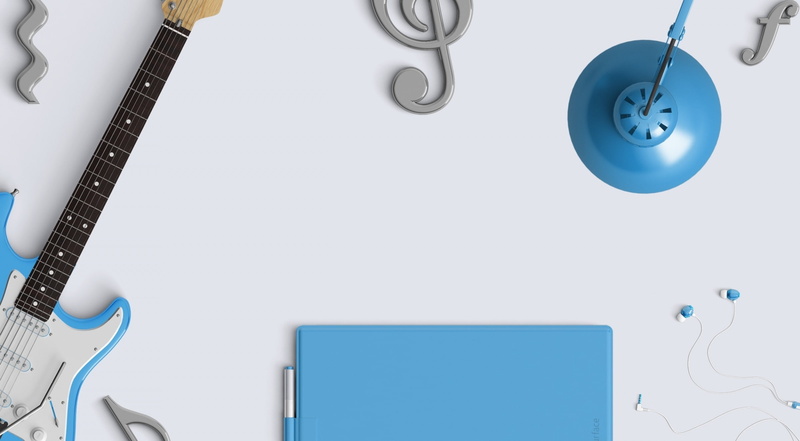 1080P, Guitar, communication, earbuds, Music, desktop pc, high angle view, white color, background, Desktop, electric, lighting equipment, Cyan, blank
