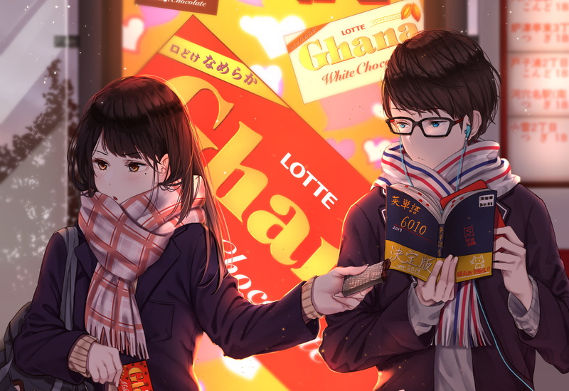 Book, Girl, Original (Anime), Anime, Scarf, Love, Original, Boy, Blue Eyes, Earbuds, Glasses, 2K, Chocolate, Brunette