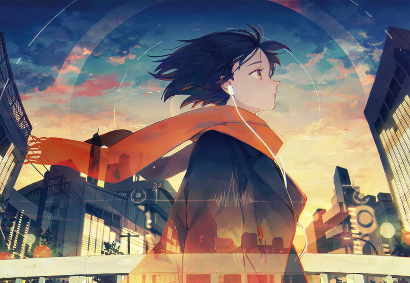 Scarf, Girl, 1080P, Original, Headphones, Earbuds, Short Hair, Black Hair, Anime