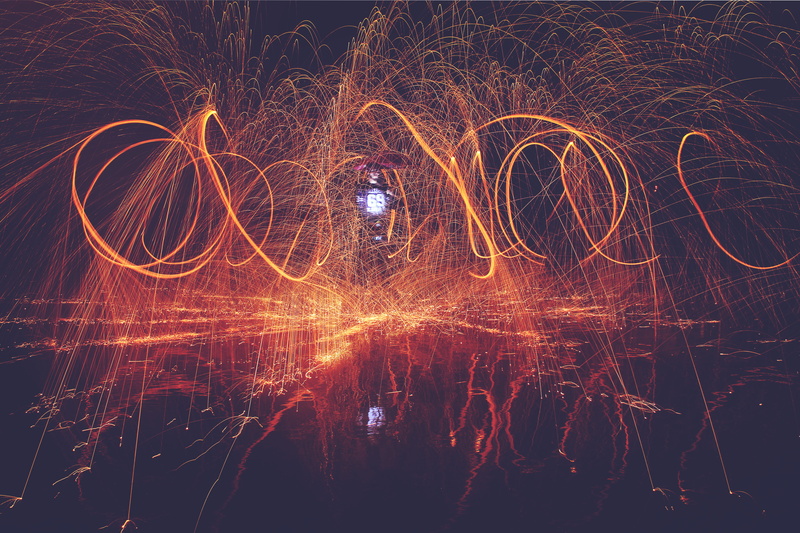 no people, spinning, water, glowing, wire wool, outdoors, beach, fire, blurred motion, standing, long exposure, reflection, night, asilah, firework, light