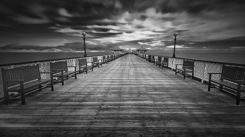 llandudno pier, wood paneling, monochrome photography, 1080P, england, europe, boardwalk, long, built structure, llandudno, cloudy, black and white, bridge
