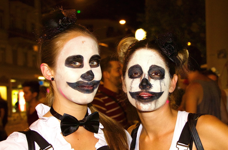 young women, looking at camera, indoors, focus on foreground, young adult, black and white, bow tie, 2K, festival, costume, human, people, women, togetherness