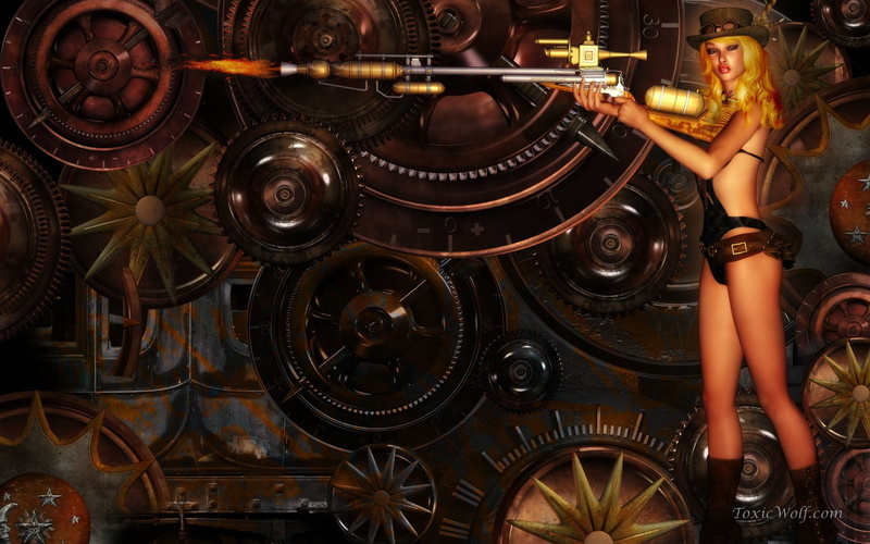 Sci Fi, 1080P, woman, holding, riffle, Steampunk