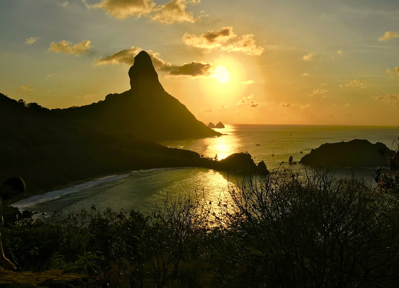 Sunset, sky, beach, tranquility, reflection, sun, no people, idyllic, water, mountain, orange color, land, horizon over water, sunset, Noronha, non-urban scene