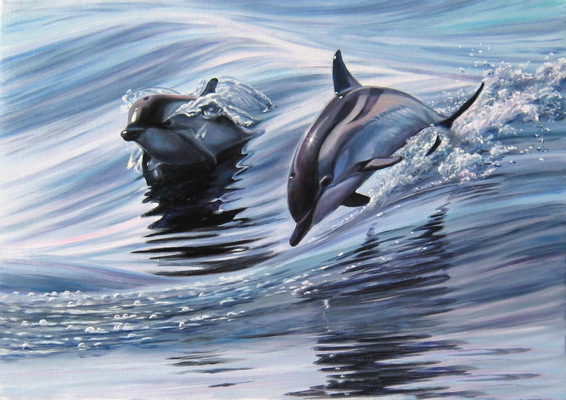 painting, animal, dolphins, 1080P, animals, fish