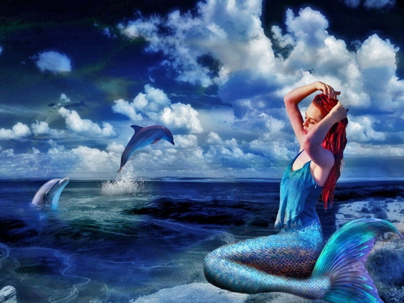 Mermaid, Dolphin, 720P, Fantasy, Ocean, Blue
