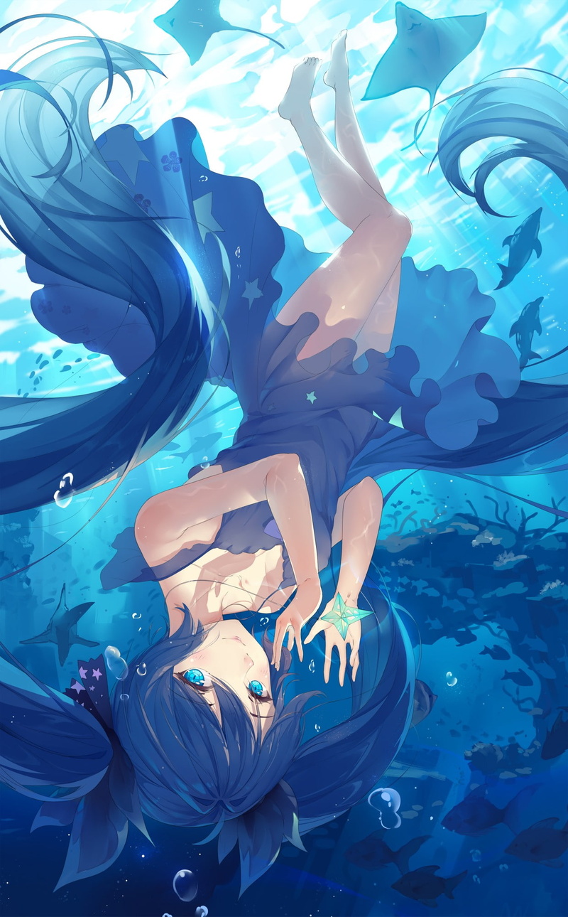 large group of animals, sea life, dolphin, vertebrate, sea, Hatsune Miku, fish, twintails, Vocaloid, nature, blue, swimming, swimming pool, group of animals