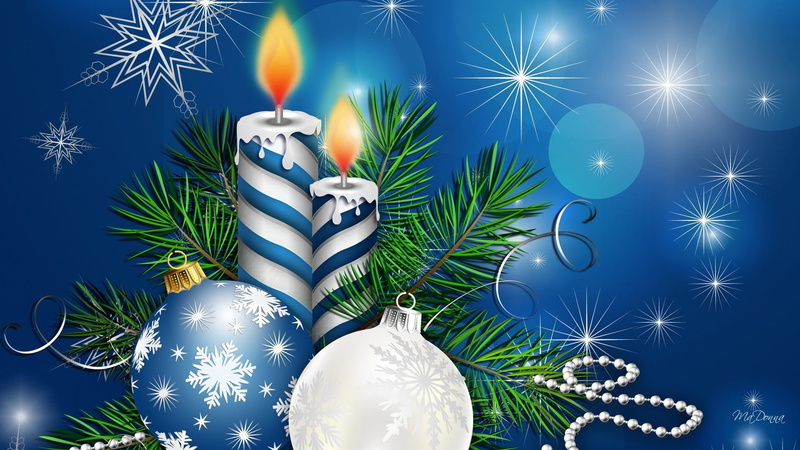 stars, glow, bright, new years, decorations, candle, beads, cle, snowlfakes, glitter, blue, bough, christmas, 1080P, spruce