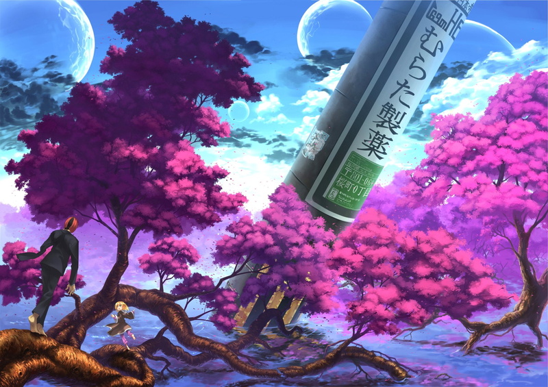 bough, Scenic, top, Anime, man, walking, girl, 1080P