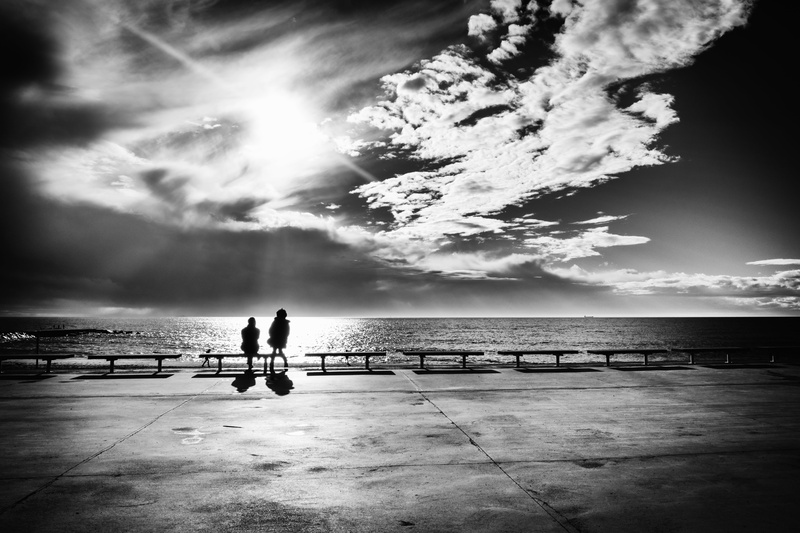 men, gray scale, f man, cloudscape, woman, outdoors, daytime, bw, Barcelona, scale, gray, man and woman, photo, 5K, people, f, loneliness, man, underneath