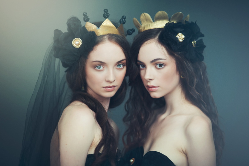 model, flower in hair, brunette, simple background, looking at viewer, women, crown, dress, people, young women, portrait, brown eyes, studio shot, young adult