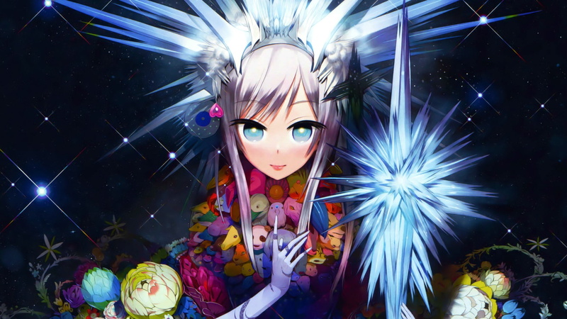 silver hair, blue eyes, anime girls, looking at viewer, original characters, blue flowers, gloves, crown, 1080P, flowers, headdress, solo