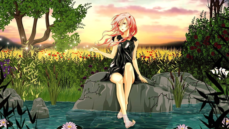 one person, manga, anime girls, barefoot, day, growth, flower, flowers, water, women, Yuzuriha Inori, art and craft, beauty in nature, 1080P, lifestyles