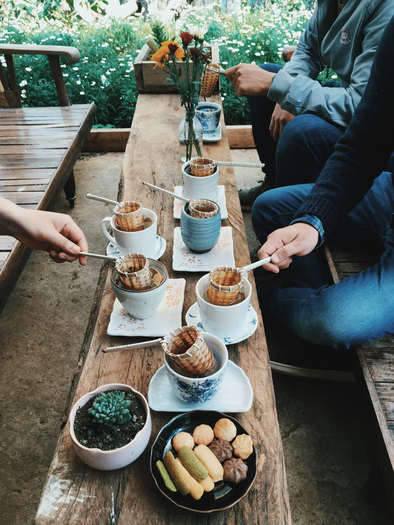 pots, handles, three, leisure activity, unrecognizable person, glass, holding, women, human hand, garden, human body part, wood, hand, food, white, food and drink