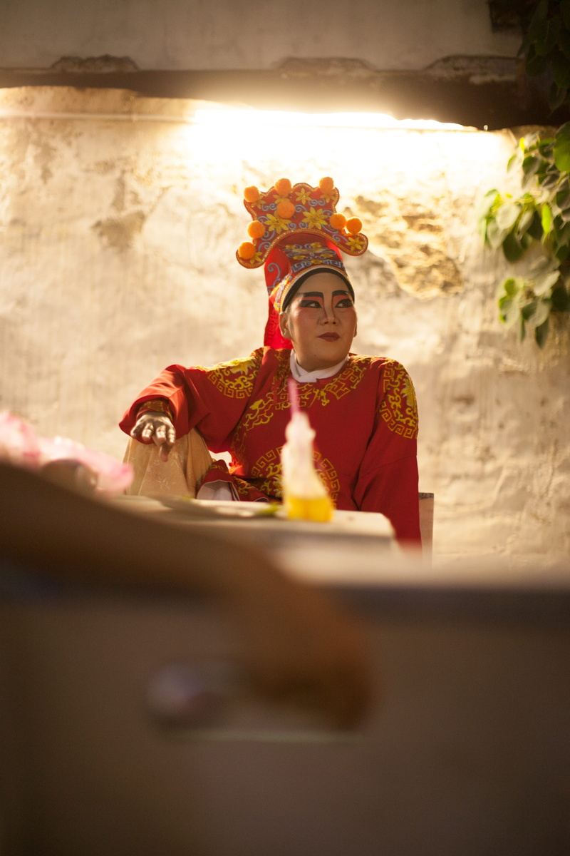 clothing, backstage, adult, traditional clothing, waist up, penang, story, chinese, one person, celebration, opera, water, sitting, religion, art and craft