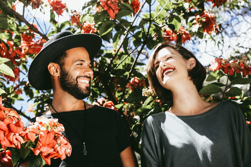 together, love, 4K, daytime, standing, sensitive, friendship, surrounded, floral, trees, men, flower, couple, positive emotion, laughing, person, outdoors