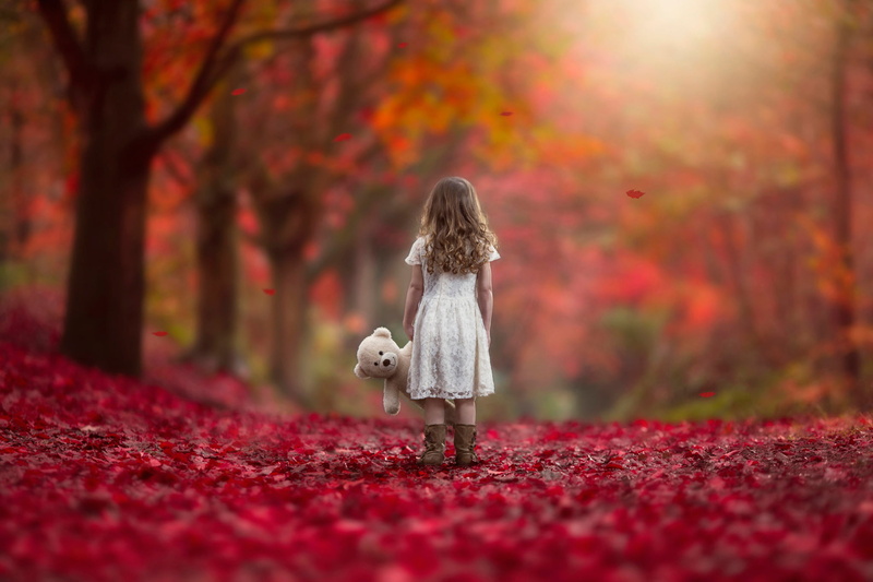 selective focus, Never Alone, plush, outdoors, girl, leaf, white, childhood, women, leaves, autumn, child, plant part, standing, one person, toy, 1080P