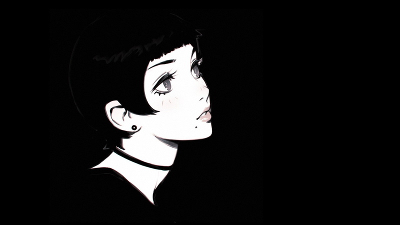 bangs, looking up, haircut, black and white, 1080P, Ilya Kuvshinov, chalker, neck, portrait of a girl, face, mole