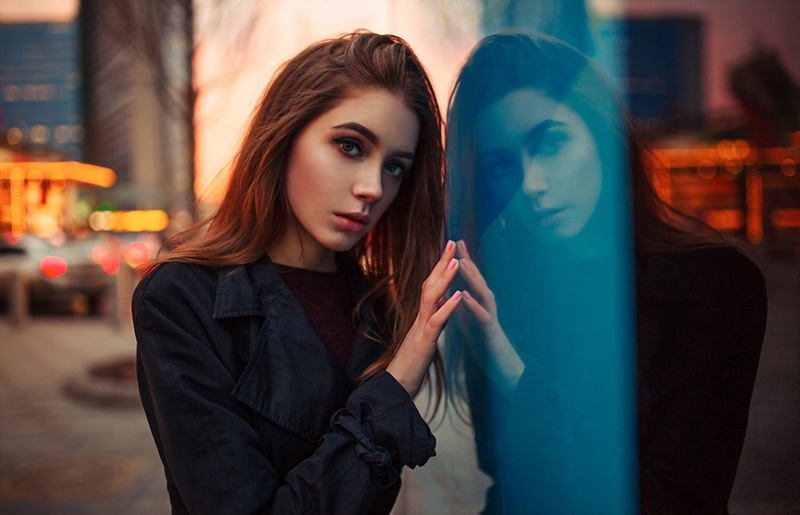 depth of field, Kirill Averyanov, glass, women, Ksenia Kokoreva, black coat, women outdoors, 1080P, portrait, reflection