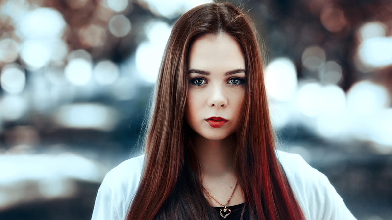 women, beautiful people, young women, 1080P, beautiful woman, long hair, red lipstick, face, depth of field, straight hair, headshot, focus on foreground
