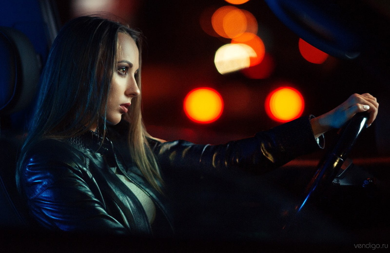 night, brunette, women, leather jackets, looking into the distance, 720P, black jackets, inside a car, driving, model, Evgeny Bulatov, car interior, profile