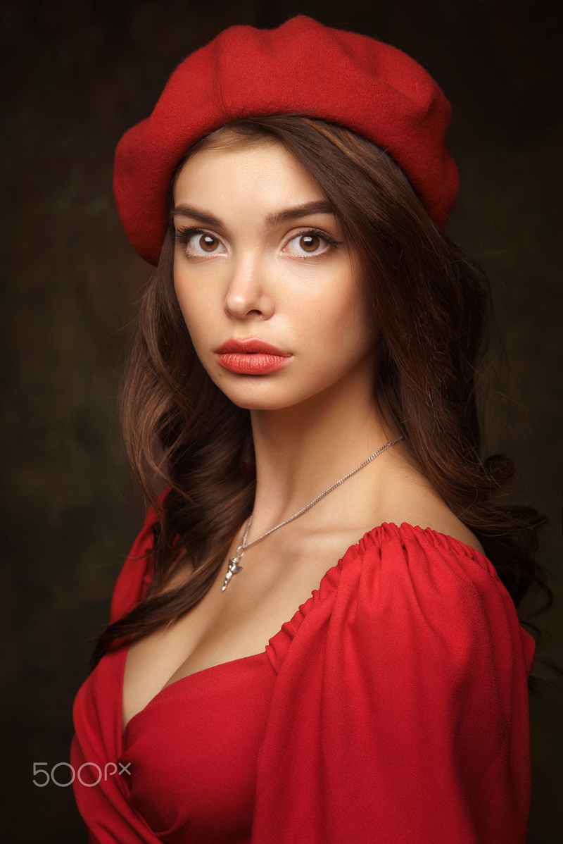 simple background, women, red clothing, necklace, lipstick, brunette, Alexander Vinogradov, brown eyes, makeup, 1080P, hat, long hair, portrait, wavy hair