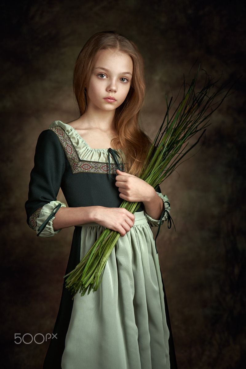 children, apron, looking at viewer, simple background, 1080P, brunette, Alexander Vinogradov, long hair, plants