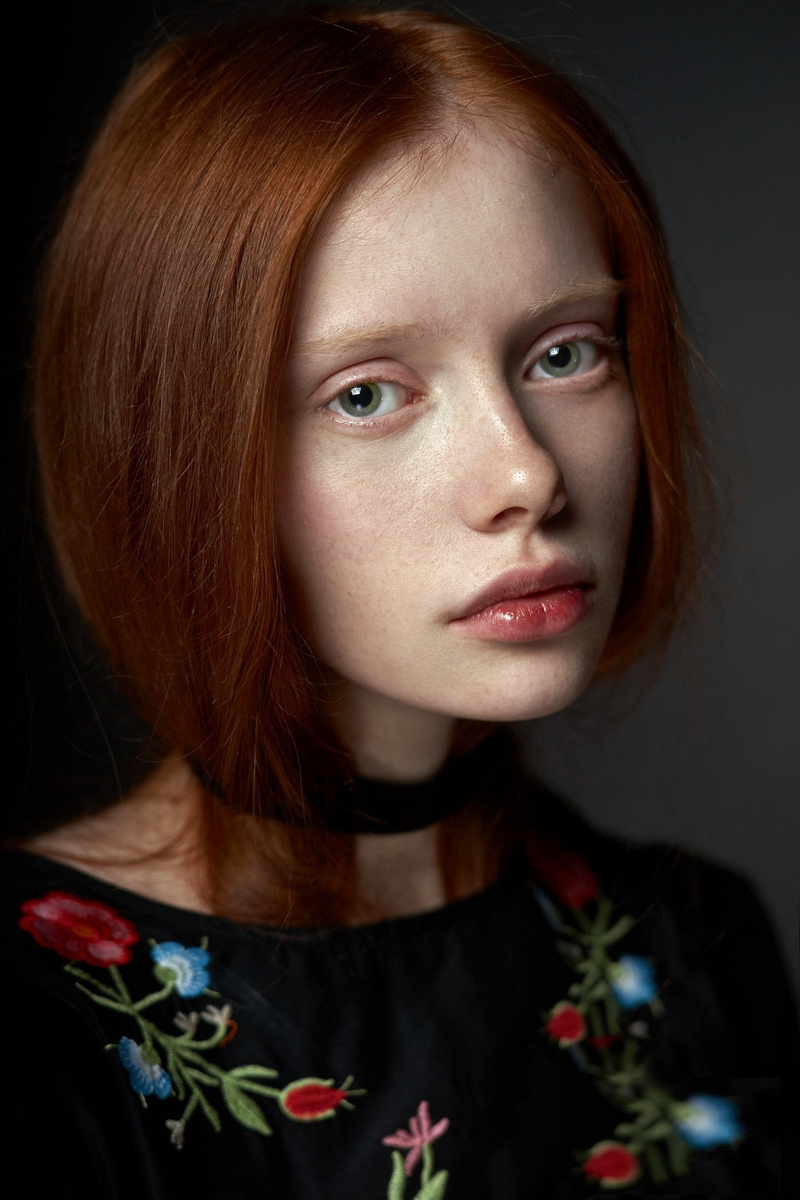 black clothing, 1080P, choker, freckles, Alexander Vinogradov, simple background, redhead, women, portrait, blue eyes