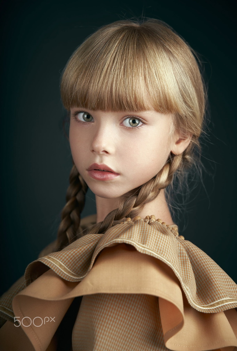 simple background, blonde, looking at viewer, dress, Alexander Vinogradov, bangs, pigtails, 1080P, braids, children, portrait