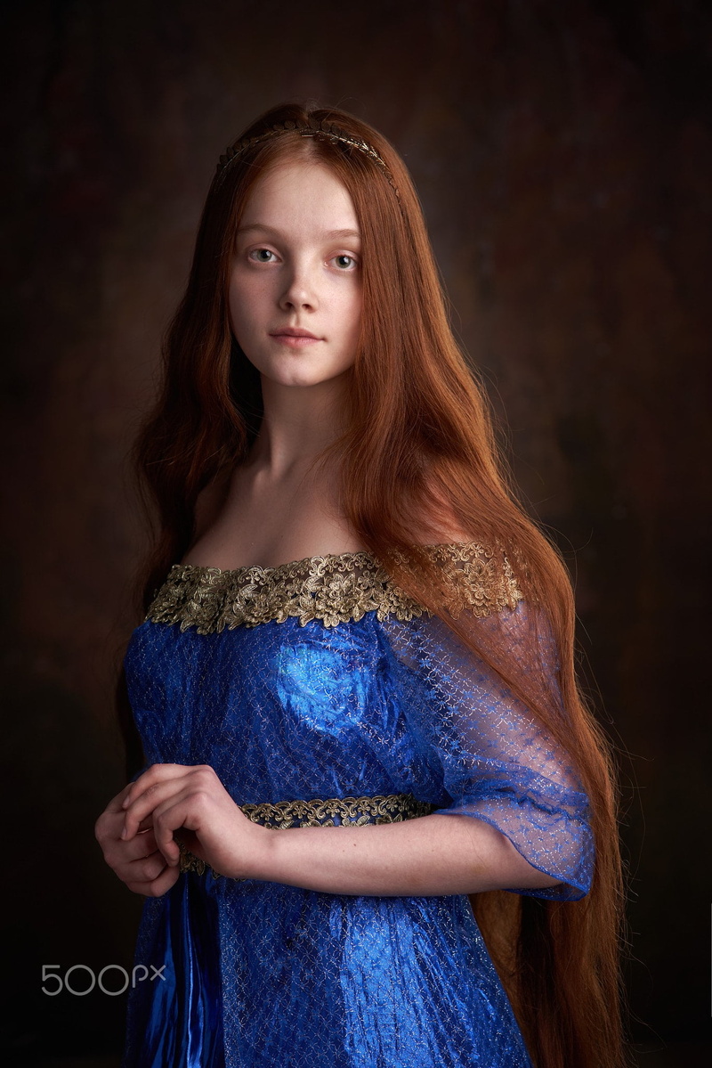 long hair, gold, looking at viewer, crown, wavy hair, redhead, Alexander Vinogradov, portrait, 1080P, medieval, women, blue clothing, dress