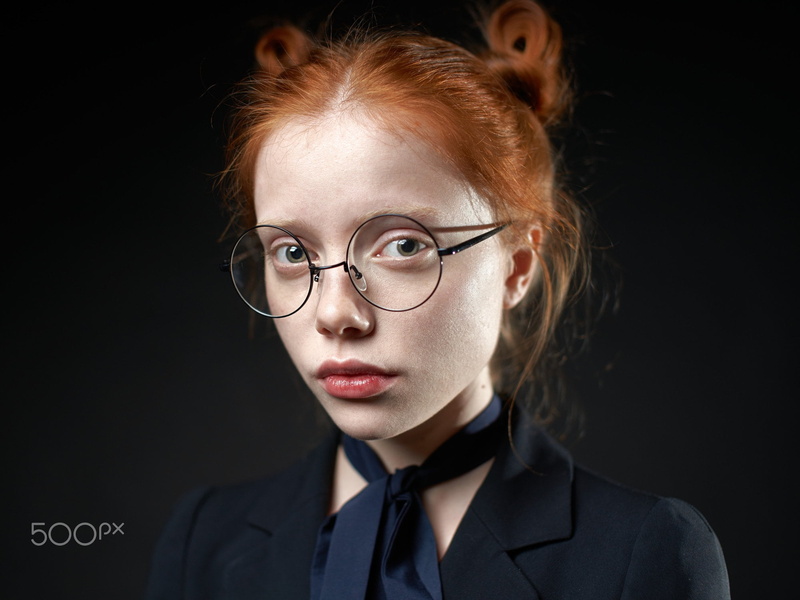 portrait, looking at viewer, redhead, 1080P, women, black clothing, simple background, suits, glasses, Alexander Vinogradov