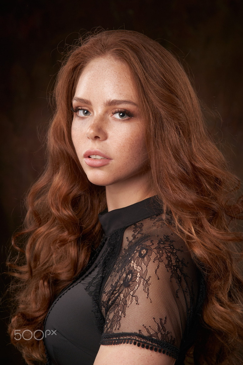 wavy hair, simple background, long hair, redhead, Alexander Vinogradov, 1080P, looking at viewer, freckles, black clothing, women, portrait