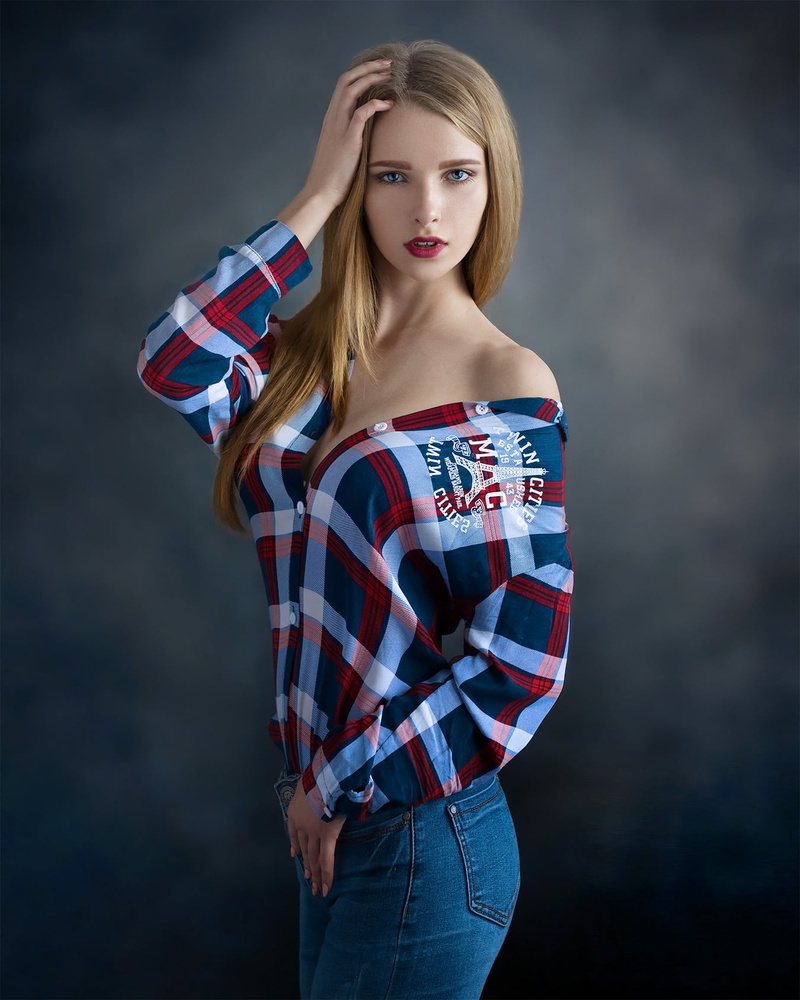 lipstick, shirt, looking at viewer, blue eyes, long hair, pattern, 720P, straight hair, jeans, makeup, women, Evgeny Sibiraev, blonde, bare shoulders