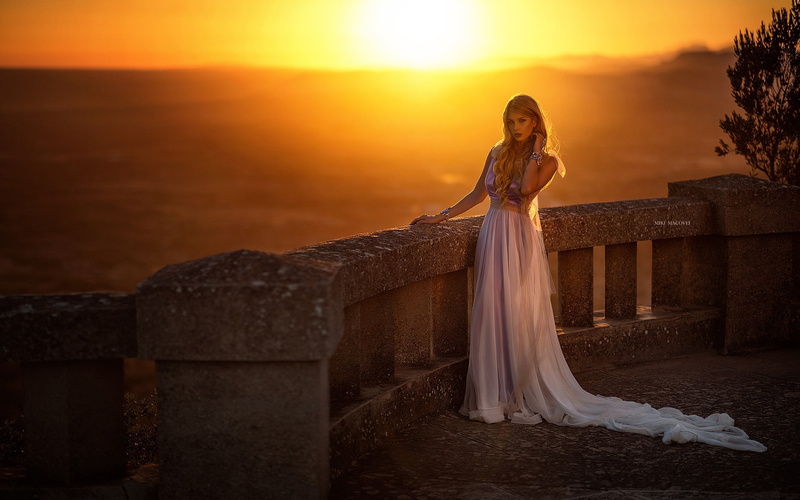 makeup, portrait, lips, photographer, looking at camera, Miki Macovei Come With, bare shoulders, wavy hair, evening dress, sunset, lipstick, girl, long dress