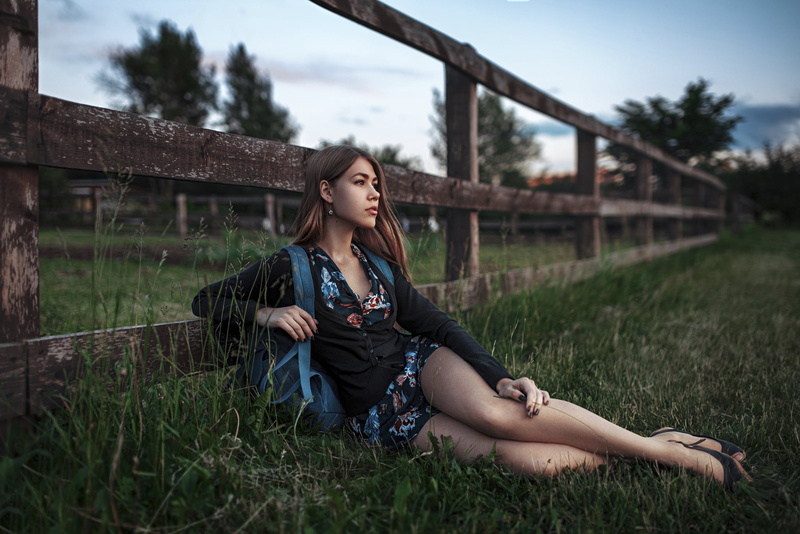 one person, looking, girl, sunset, casual clothing, grass, hair, s, full length, young adult, real people, sitting, young women, looking away, the beauty