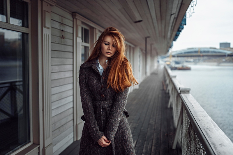 redhead, George Chernyadev, Tonya, coat, girl, 1080P, river, Russia