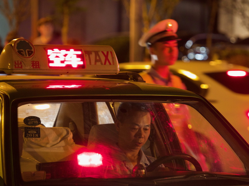 occupation, car, chengdu, focus on foreground, land vehicle, china, motor vehicle, taxi, night, sign, mode of transportation, rickshaw, portrait, city