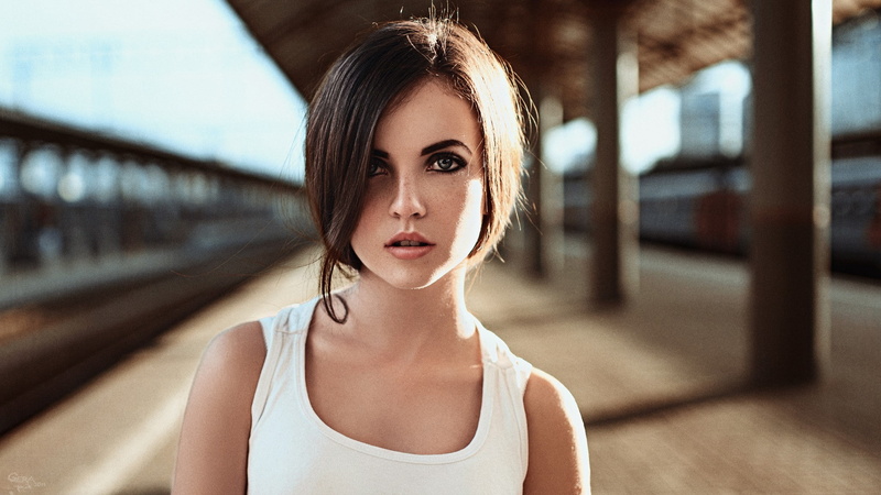 Georgy Chernyadyev, women, women outdoors, depth of field, Ladoga, blurred, portrait, blue eyes, urban, 1080P, smoky eyes, model, brunette, Anastasiya Malakhova