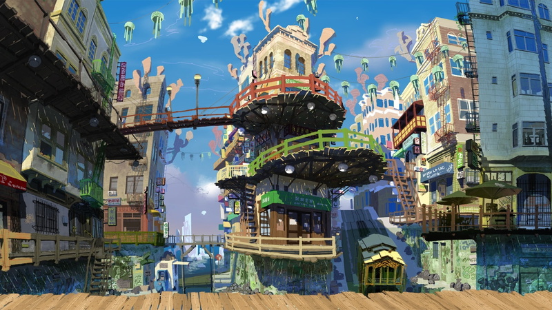 video, outdoors, belief, sunlight, anime, cityscape, building, colorful, sky, ornate, no people, built structure, cloud - sky, apartment, day, game, water