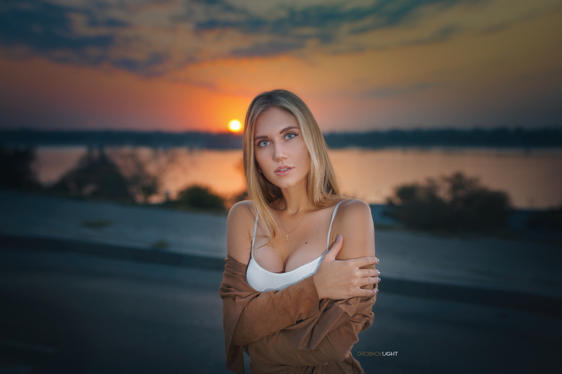 Girl, 2K, the sun, chest, Alexander Drobkov-Light, blonde, Anastasia Popova, look, sunset