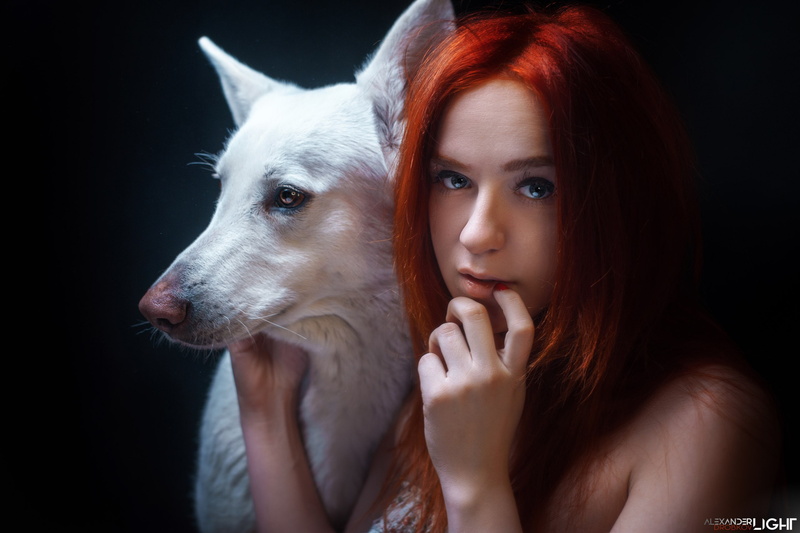 face, red, 2K, hand, portrait, dog, Alexander Drobkov-Light, redhead, look, Maria Nekrasova, black background