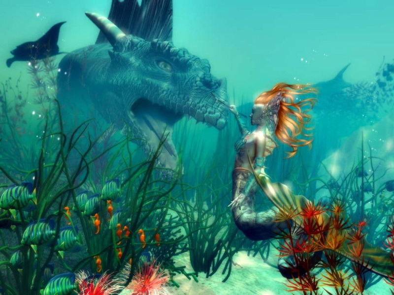 Dragon, Green, abstract, art, 480P, mermaid, hd, fantasy, graphics, water