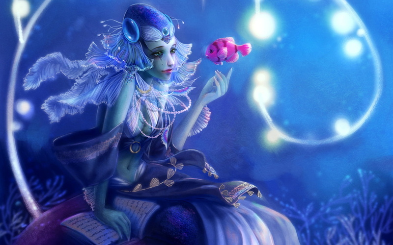 art, sea, indoors, nature, Yangtian Li, pink, fish, water, blue, one person, fantasy, aquarium, girl, mermaid, illustration, animals in captivity, under water
