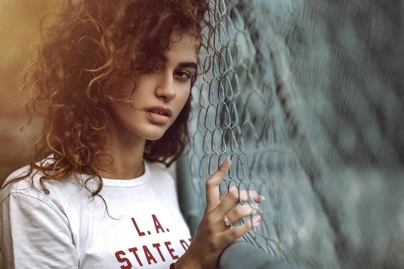 dark eyes, brunette, Manthos Tsakiridis, face, portrait, women, depth of field, curly hair, 1080P, T-shirt