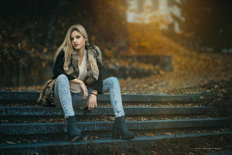 leaves, Manthos Tsakiridis, black nails, photography, model, jeans, women, blonde, trees, 720P, looking at viewer, ladders, fall, sunlight