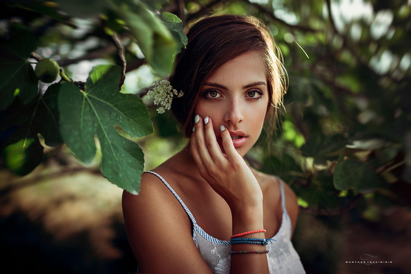 1080P, hand on face, dress, Manthos Tsakiridis, women outdoors, juicy lips, portrait, women, face, tanned, brunette